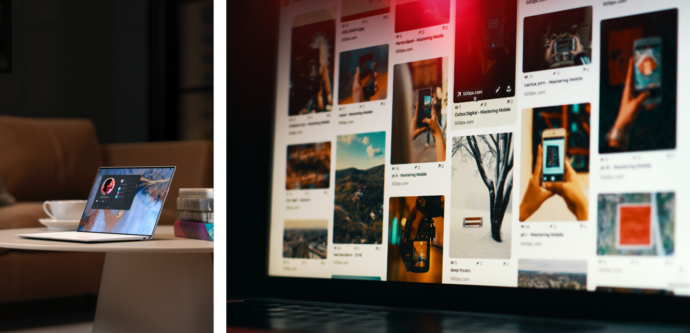 Links: Laptop im Büro, rechts: Monitor mit der Social-Media-Plattform Pinterest.